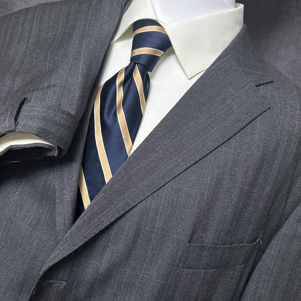 Marks Spencer Suit 48R 40x31 Gray Windowpane Herringbone Wool England 50R 50L